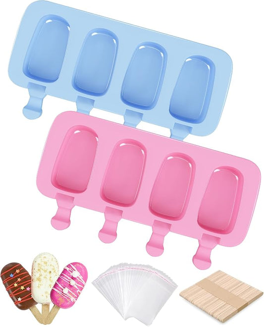Ouddy Life Popsicle Molds Set of 2, Ice Pop Molds Silicone 4 Cavities Ice Cream Mold Oval Cake Pop Mold with 50 Wooden Sticks for DIY Popsicle (Pink, Blue)