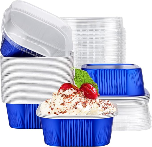 EUSOAR Creme Brulee Ramekins Disposable, 50pcs 10oz Cupcake Liners Foil Baking Cups with Lids, Aluminum Muffin Cups Square Dessert Wrappers Mini Cake Loaf Bread Pans for Wedding Birthday Party
