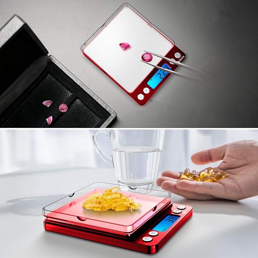 AMIR Upgraded Digital Kitchen Scale, 500g Mini Pocket Jewelry Scale, Cooking Food Scale with Back-Lit LCD Display, 2 Trays, 6 Units, Auto Off, Tare, Stainless Steel (Batteries Included)