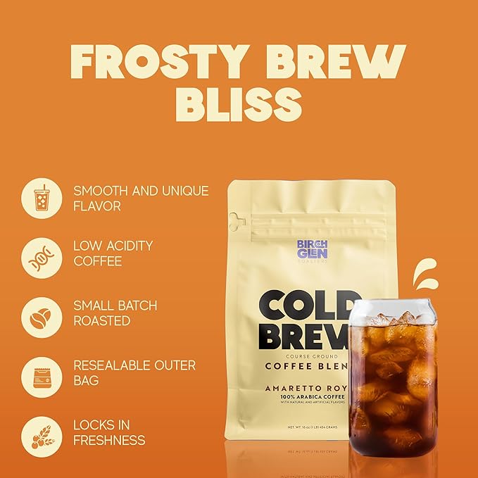 Birch Glen Roasters Cold Brew Coffee | Flavored Coarse Ground Coffee | Artisanal Roasting | Medium Roast |100% Arabica |1 LB Bag | Caramel Cream