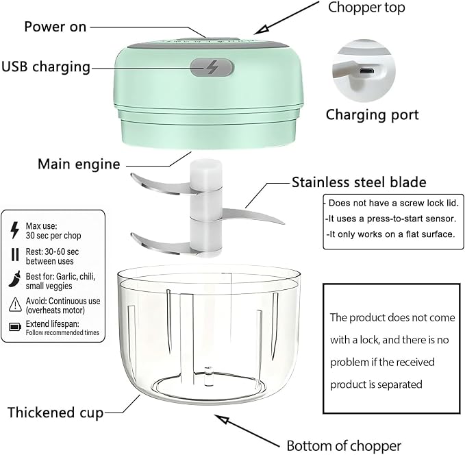 Electric Mini Vegetable Chopper, Food Chopper, Garlic Slicer Veggie, Salad, Lettuce, Onion, Chili Crusher, Tomato Dicer Chopper Cutter & Ginger Meat Mincer for Kitchen, Portable USB Chopper (250ML)