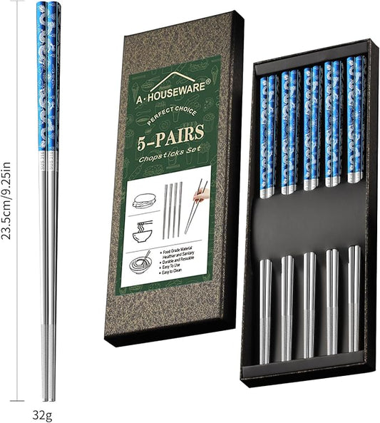 5 Pairs Blue Dragon Chopsticks Set Stainless Steel 316 Reusable Kitchen Eating Utensils Non Slip Chop Sticks Dishwasher Safe Tableware Gift Set 9.26 inches