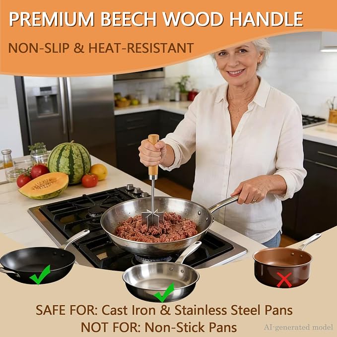 Stainless Steel Meat Chopper & Masher, 10.6 Inch Ground Beef Chopper Tool with 6 Curve Blades & Wooden Handle, Heat Resistant Meat Masher, Heavy-Duty Hamburger Smasher & Multi-Use Kitchen Tool