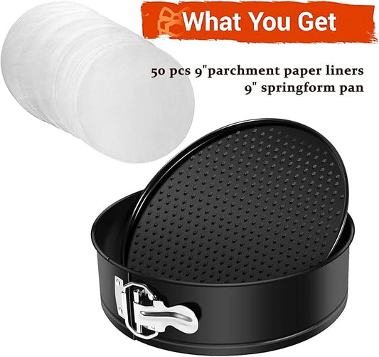 MASSUGAR 9 Inch Springform Pan Nonstick - Cheesecake Pan with Removable Bottom/Leakproof - Round Cake Pan with 50 Pcs Parchment Paper Liners - Fits 6 Qt 8 Qt Pressure Cooker