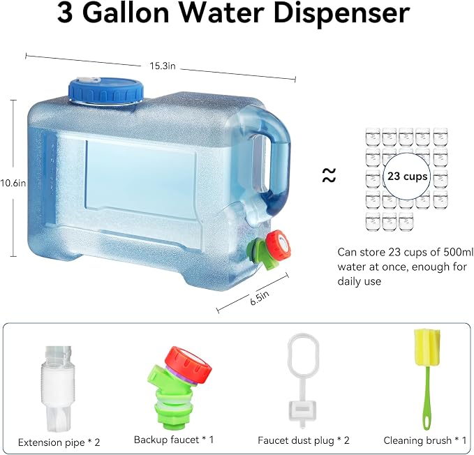 Drink Water Dispenser for Fridge - 3 Gallon Beverage Dispenser with Leak-Proof Spigot, Portable Food-grade Water Jug Container with Spout Handle for Kitchen Refrigerator Outdoor Camping Hiking, Blue