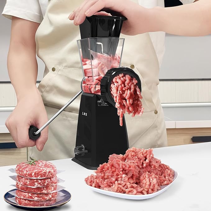 Manual Meat Grinder with Stainless Steel Blades Heavy Duty Powerful Suction Base for Home Use Fast and Effortless for All Meats-Black