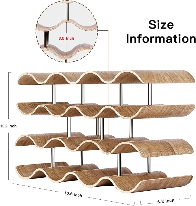 Countertop Wine Rack - 14 Bottle Freestanding Wine Bottle Holder Stand - 4 Tier Wooden Wine Storage Rack - Wavy Wine Organizer for Cabinet Pantry Home Kitchen Bar
