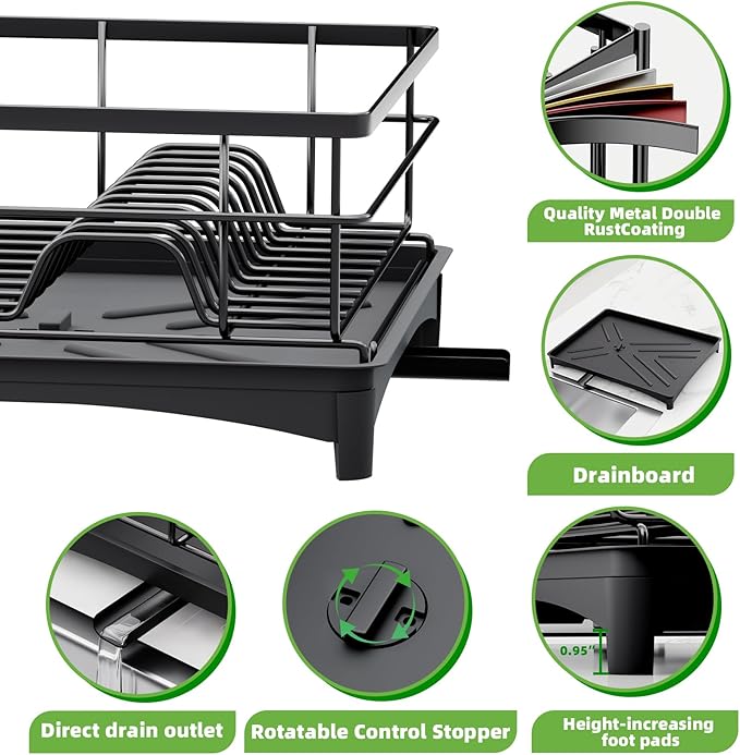 Dish Drying Rack, Large Capacity Dish Drainers for Kitchen Counter with Removeable Cutlery Holder, Rustproof & Sturdy Auto-Drain Multifunctional Organizer for Plates,Cups,knife fork Storage Essentials