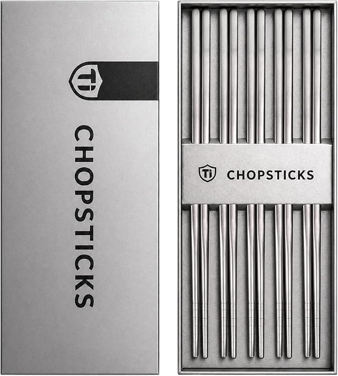 Nicunom 5 Pairs Pure Titanium Chopsticks, Ultralight Titanium Metal Chopsticks Dishwasher Safe Non-Slip Reusable Chopstick for Home Camping Travel, Silver Chop Sticks Gift Set