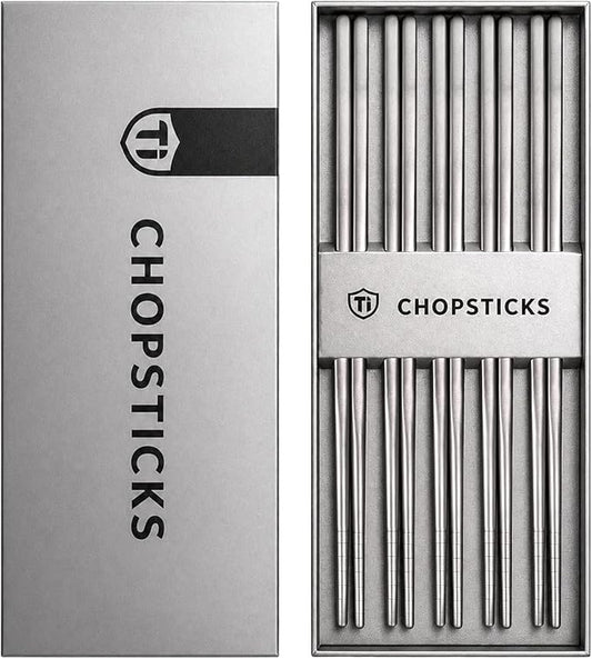 Nicunom 5 Pairs Pure Titanium Chopsticks, Ultralight Titanium Metal Chopsticks Dishwasher Safe Non-Slip Reusable Chopstick for Home Camping Travel, Silver Chop Sticks Gift Set