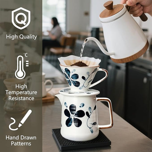 Ceramic Pour Over Coffee Maker Set, Ceramic Coffee Dripper with Single Hole, Coffee Pot & 100 Paper Filters for Home, Travel, Camping (1-4 Cup)