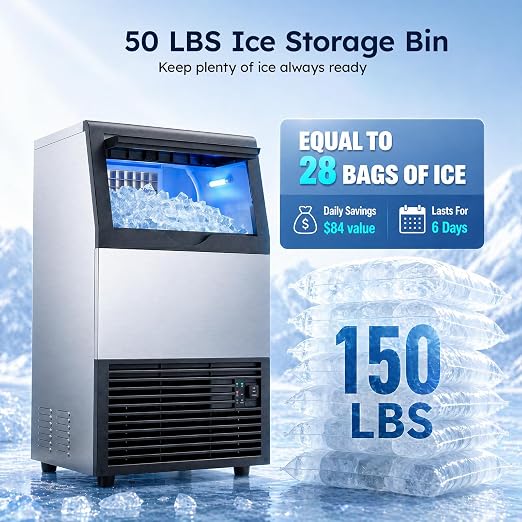 Mojgar Commercial Ice Maker Machine, 150Lbs/24H with 50Lbs Storage Bin | 45 Cubes in 5–15 Mins for Home Bar, Self-Cleaning, Stainless Steel, Built-in or Freestanding, Under Counter Ice Machine