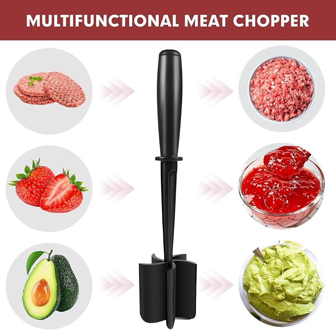 2Pcs Ground Beef Chopper Tool, Meat Masher Ground Beef Heat Resistant Meat Spatula Chopper Hamburger Meat Chopper, Black+Red