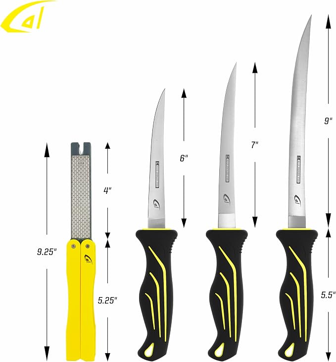 danco 5-Piece Fillet Knife Kit with Roll Bag, Folding Sharpener, 6-9 Inch | 5-Piece Fillet Knife Kit, 6, 7 and 9-Inch Stainless Steel Blades, Folding Sharpener, 1000D Roll Bag, Fresh/Saltwater Use