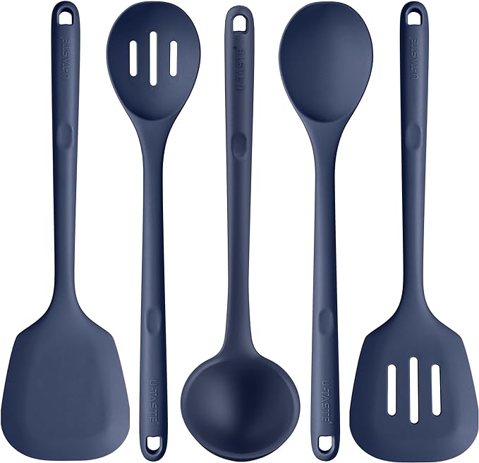 Silicone Kitchen Cooking Utensil Set: U-Taste High Heat Resistant 13.6in Kitchen Gadgets, BPA Free Non Stick Rubber Cook Accessories For Stir Frying, Serving, Basting, Mixing (5 Pieces, Midnight Blue)
