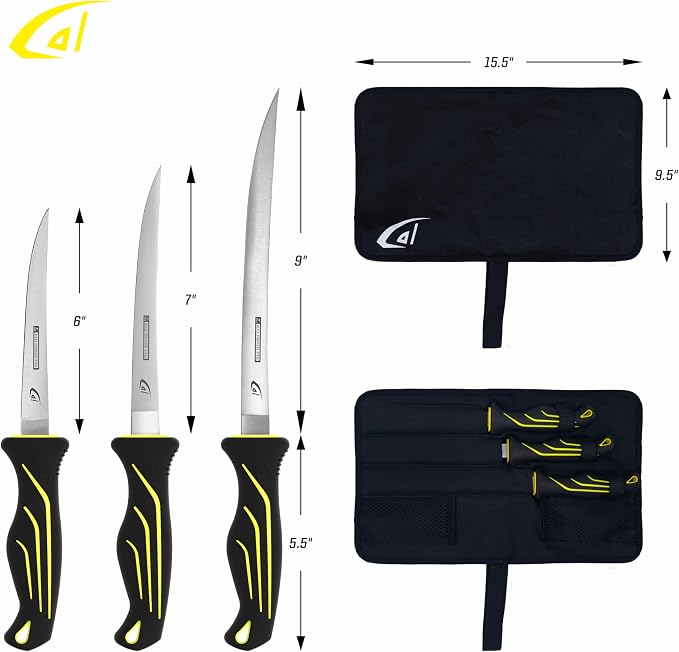 danco 4-Piece Fishing Fillet Knife Kit with Roll Bag, 6, 7 and 9-Inch Set | 4-Piece Fishing Fillet Knife Kit, 6, 7 and 9-Inch Stainless Steel Blades, Non-Slip Handles, 1000D Roll Bag, Fresh/Saltwater
