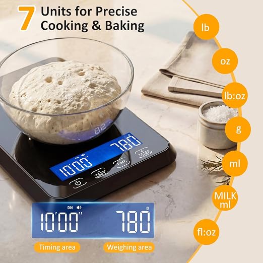 Letron Food Scale, 33 lb / 0.1 oz High Precision Kitchen Scale for Sourdough Bread, Built-in 7 Units, Timing & Tare Function, Rechargeable Digital Kitchen Scale for Food, Baking, Cooking
