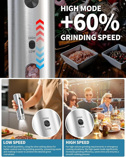 CIRCLE JOY Electric Salt and Pepper Grinder Set with Rechargeable Base Upgraded Stainless Steel Automatic Salt and Pepper Shakers with 2 Grinding Speeds, External Adjustment and 110ml Capacity, Silver