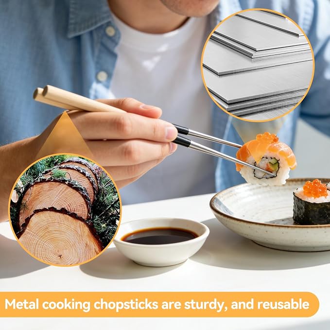 Metal Cooking Chopsticks with Wood Handle, 11.4in Sushi Chopsticks Long Cooking Chopsticks Reusable Metal Chop Sticks Dishwasher Safe for Frying, Hot Pot, Noodles and Japanese, Korean, Chinese Foods
