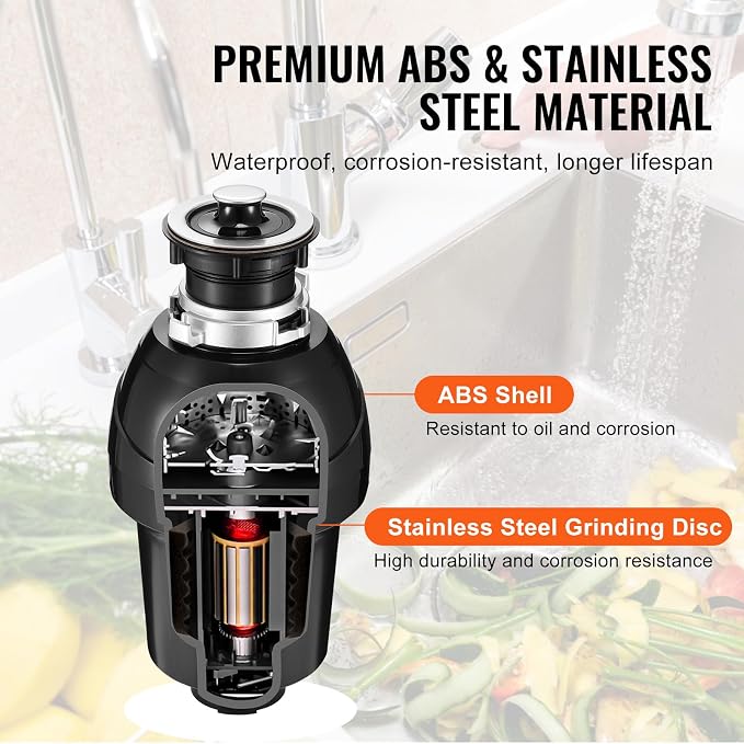 VEVOR Garbage Disposal, 1HP 3270RPM DC Motor, Continuous Feed Food Waste Sink Disposer, EZ Connect Food Waste Grinding System with Sound Reduction, Power Cord and Splash Guard, for Kitchen