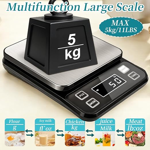 Kitchen Scale 11lb, Waterproof Digital Food Scale with Type-C Charging & Batteries, High Precision Gram and Ounces Scale, 304 Stainless Steel for Weight Cooking, Baking
