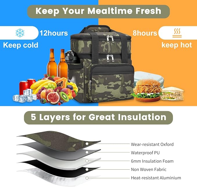 holuxer Insulated Lunch Bag & Lunch Box for Men - Double Deck Reusable Lunch Bag for Women Tote Cooler Bag Leakproof Soft Expandable - Large Lunchbox for Work/Adult/Picnic/Outdoor (Camo，15L)
