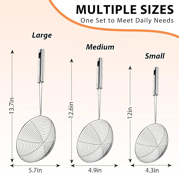 Swify Spider Strainer Set of 3 Asian Strainer Ladle Stainless Steel Wire Skimmer Spoon with Handle for Kitchen Frying Food, Pasta, Spaghetti, Noodle-30.5cm, 32cm, 35cm