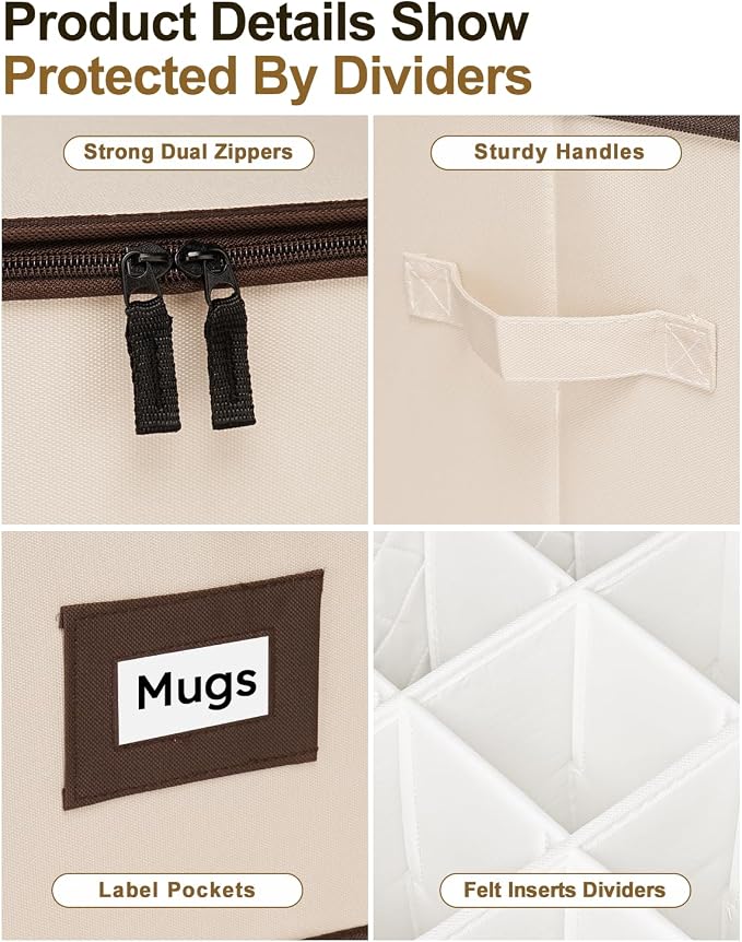 punemi Mug Storage Organizer, 2-Pack Hard Shell Boxes for Packing & Moving | Padded dividers, stackable design and carry handles for coffee mugs, tea cups and china storage, beige