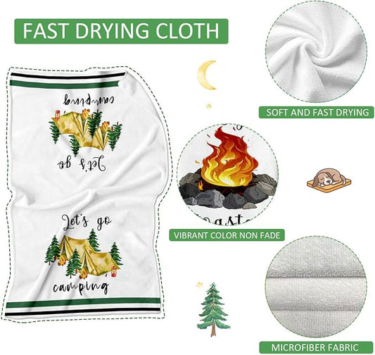 Camping Kitchen Towels Set of 4 Dish Towels Kitchen Hand Towels Kit Printed with Funny Sayings Novelty Gifts for Campers Happy Camper Camping Tent Pine Tree Farmhouse RV Decor Sign Home Decorations