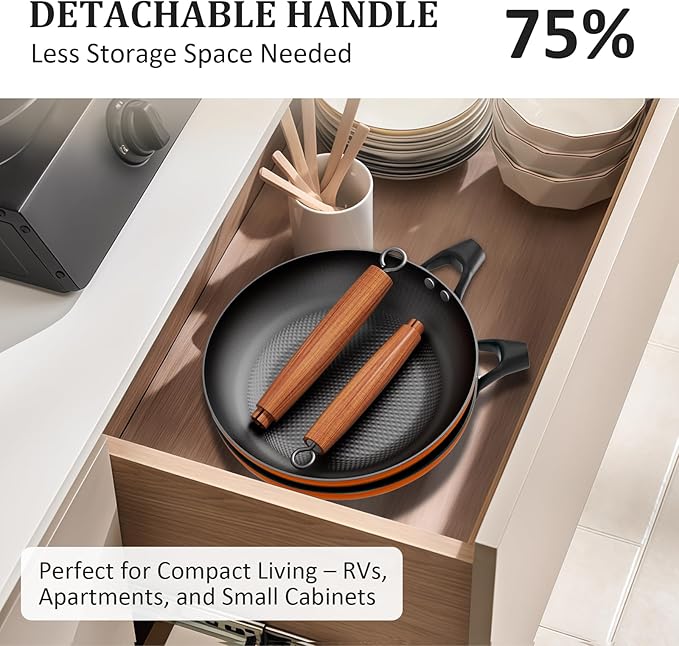 YUTANN 10 Inch Nonstick Cast Iron Pan - Pre-Seasoned Skillet with Oil-Saving Diamond Textured, Removable Acacia Wood Handle, Compatible with All Stovetops & Oven