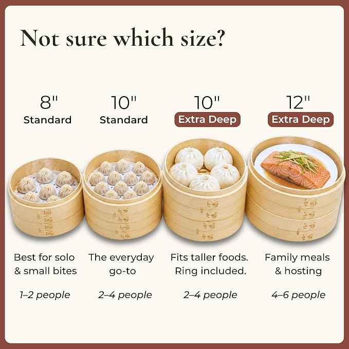 Bamboo Steamer Basket 10-Inch, 2-Tier Dumpling Steamer Cooking | Incl. Silicone Liners, Sauce Dish, Chopsticks - Steam Baskets for Food, Dim Sum, Bao Bun, Rice, Momo, Rice, Vegetables