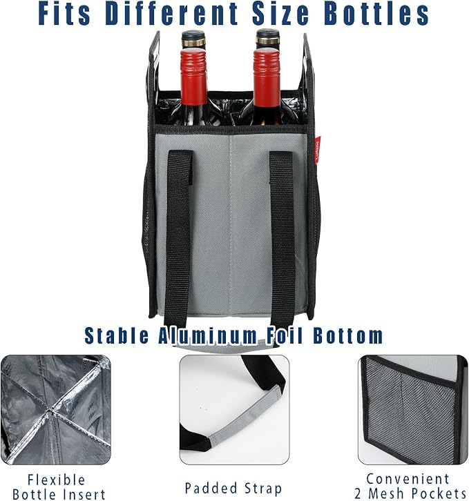 Collapsible Bottle Carrier - Reusable Portable Wine Bottle Case for Tote Bag, Moving, Vacation & Grocery Shopping