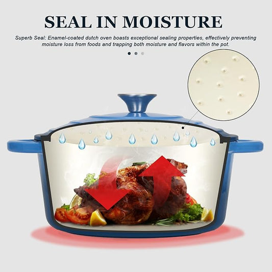Overmont Enameled Cast Iron Dutch Oven - 4.5QT Pot with Lid Cookbook & Cotton Potholders - Heavy-Duty Cookware for Braising, Stews, Roasting, Bread Baking blue