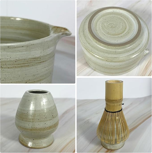 Matcha Whisk Set 6 pc Kit - Traditional Japanese Chasen, Bamboo Whisk Holder, Ceramic Bowl with Spout, Sifter & 2 pc Spoons - matcha kit set, Gift for Matcha Tea Lovers(Gray)