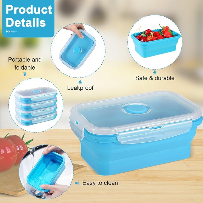 Set of 8 Silicone Collapsible Bowls for Camping with Vent Lid Silicone Storage Containers for Food Meal Preparation Square Bowl Microwave Freezer Dishwasher Safe(Blue,17 Oz/ 500 ml)