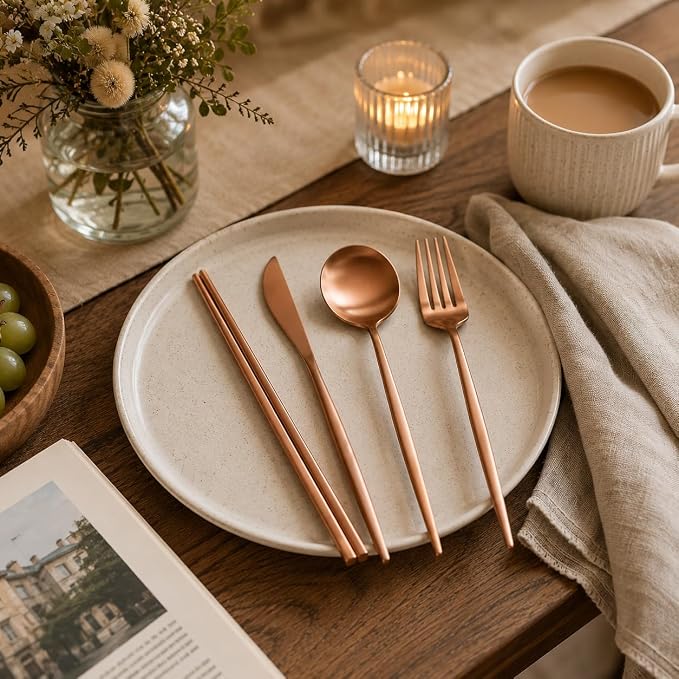 Matte Copper Flatwqare Set Korean Chopsticks - 16-piece KiiZYs Kitchen Utensil Set Stainless Steel Silverware - Modern Dinnerware Spoon Fork Knife Cutlery Housewarming Gift Box (Matte Copper, 4 Sets)