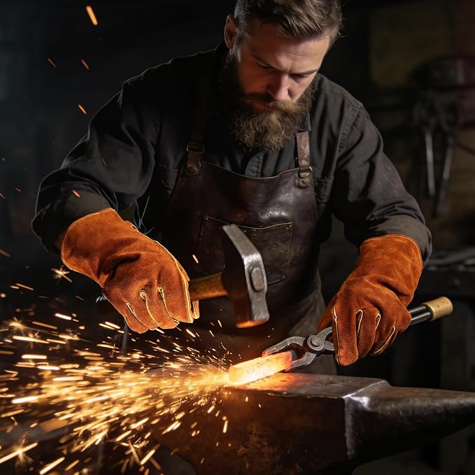 OZERO 932°F Heat Resistant Gloves: Welding Gloves Men Women, Brown, 14-Inch | 1.2 mm Split Cowhide, Reinforced Palm, Long Cuff, for MIG TIG Stick Forge BBQ Grill Fireplace Fire Pit Wood Stove Oven