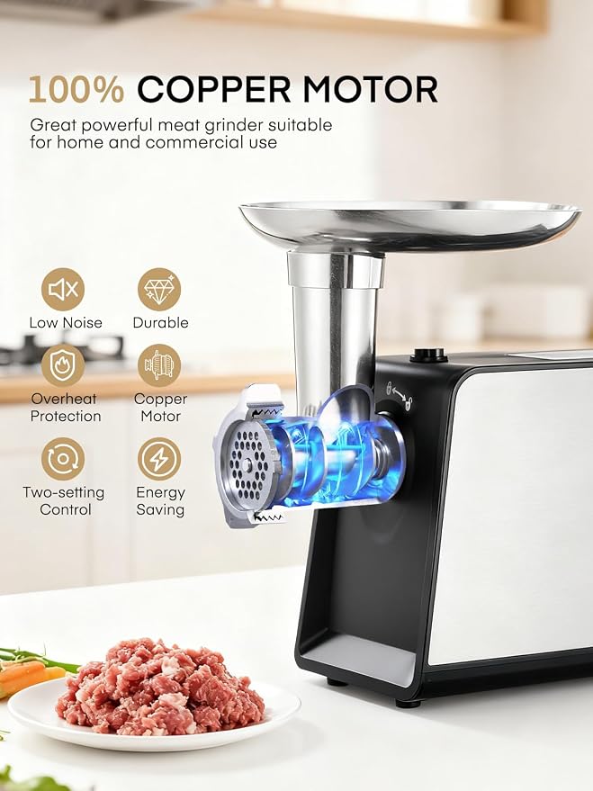 FOHERE Electric Meat Grinder for Home Use 3200W Max Heavy duty | meat mincer with 2 blades, 3 grinding plates, 3 sausage stuffer tubes and Kubbe kit