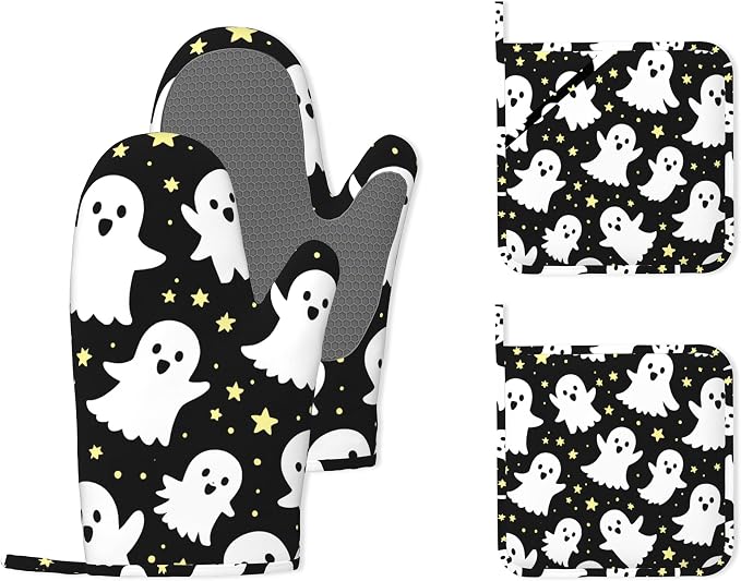 Halloween Ghosts Heat-Resistant Silicone Oven Mitts and Pot Holders,Long Oven Gloves with Non-Slip Grip for Cooking, Baking, Grilling,BBQ