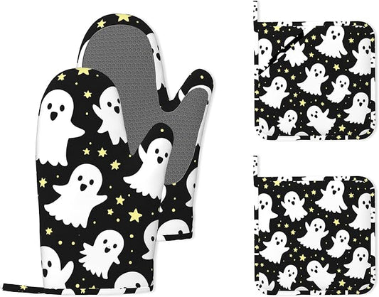 Halloween Ghosts Heat-Resistant Silicone Oven Mitts and Pot Holders,Long Oven Gloves with Non-Slip Grip for Cooking, Baking, Grilling,BBQ
