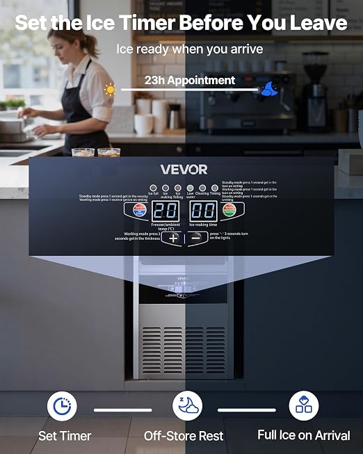VEVOR Commercial Ice Maker Machine, 130 lbs/24h with 16-30 lbs Storage Capacity, Built-in/Freestanding/Under Counter, Stainless Steel Ice Maker with LED Display & Self-Cleaning, Home Bar Restaurant