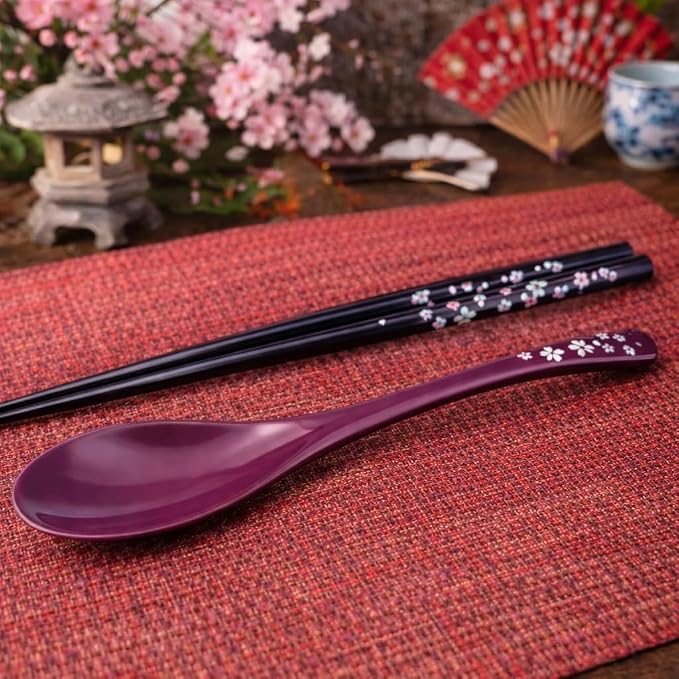 Premium Japanese Chopsticks with Spoon Reusable [ Made in Japan ] Traditional Lacquer Art Wooden Chopsticks (Flower PU(MK003))