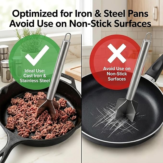 Meat Masher Stainless Steel, Heavy Duty Ground Beef Masher, 6-Blademeat Meat Chopper Potato Masher Hamburger Smasher, Dishwasher Safe (L, Stainless steel with hooks)