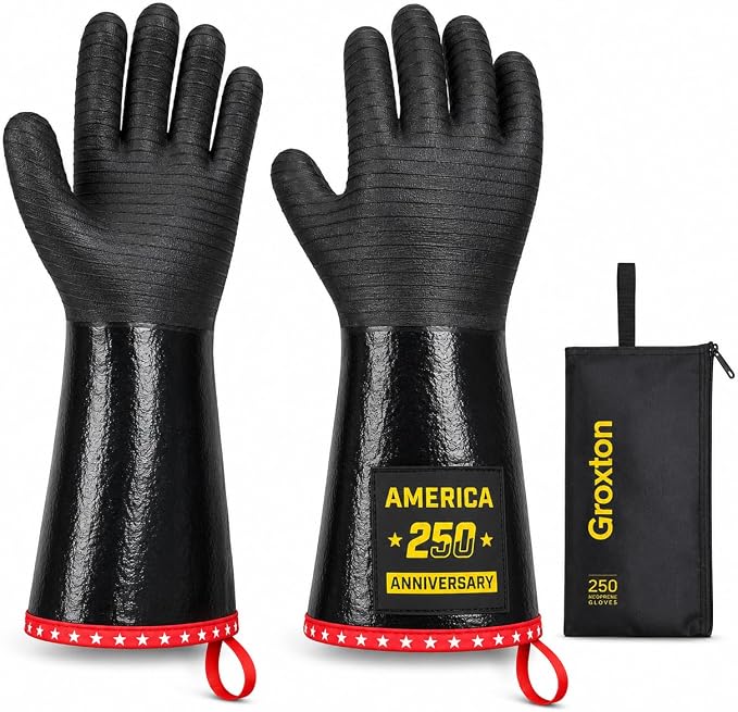 PRO BBQ Gloves, Black Neoprene, 14-Inch, Heat Resistant up to 932°F, Waterproof with Cotton Lining, America 250th Anniversary Edition, Includes Storage Bag (Roomy Fit-14INCH-932℉-PRO)