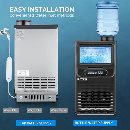 ROVSUN Commercial Ice Maker 90LBS/24H with 2 Water Inlets, Stainless Steel Ice Machine Countertop & Freestanding for Restaurant Bar with 11lbs Storage Bin, Ice Scoop, Drain Pipe & Water Filter