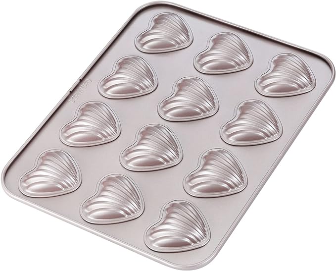 CHEFMADE Madeleine Mold Cake Pan, 12-Cavity Non-Stick Heart-shaped Shello Madeline Bakeware for Oven Baking (Champagne Gold)