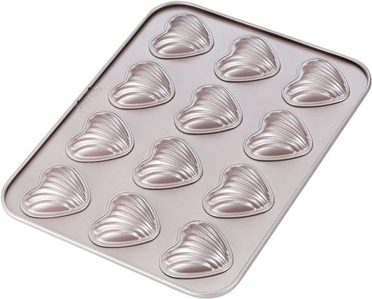 CHEFMADE Madeleine Mold Cake Pan, 12-Cavity Non-Stick Heart-shaped Shello Madeline Bakeware for Oven Baking (Champagne Gold)