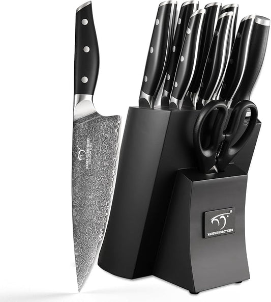 Damascus Knife Set with Block for Kitchen, VG10 Steel Chef Knife Set with Triple-Rivet Handles, Knife Sharpener, Natural Ash Wooden Knife Block, 10PCS
