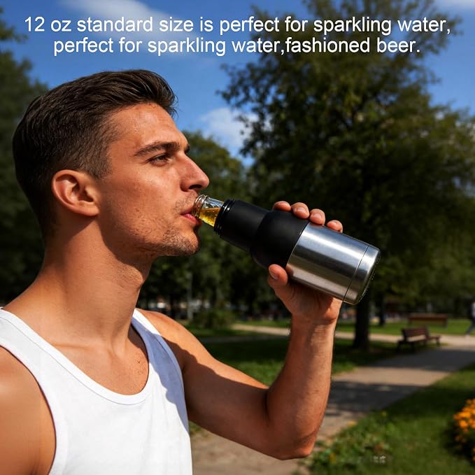 12oz Universal Beer Bottle Holder Double Walled SS Beer Can Cooler | 3 in 1 Can Koozie with Beer Opener Vacuum Insulated - fit Fishing, Camping Outdoor Activities and Nice Gift for Men(Silver)