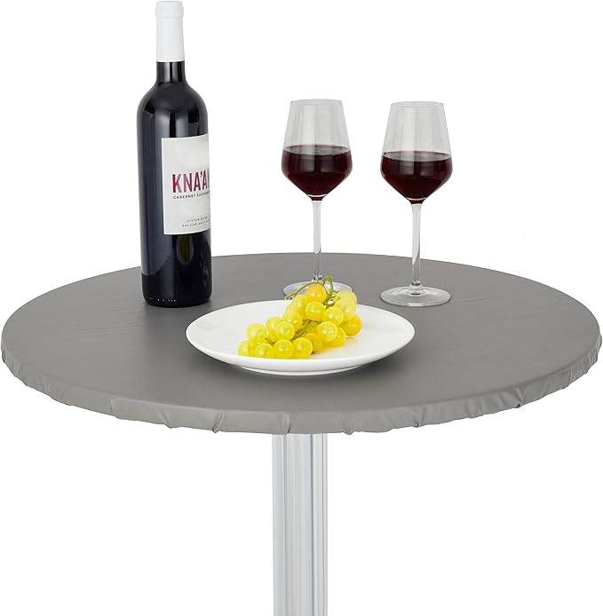 Yourtablecloth Heavy Duty Vinyl Round Fitted Tablecloth (Table Cover) with Flannel Backing Vibrant Colors Elasticized Tablecloth Great for Indoor and Outdoor Dining and Playing Cards 60” Grey